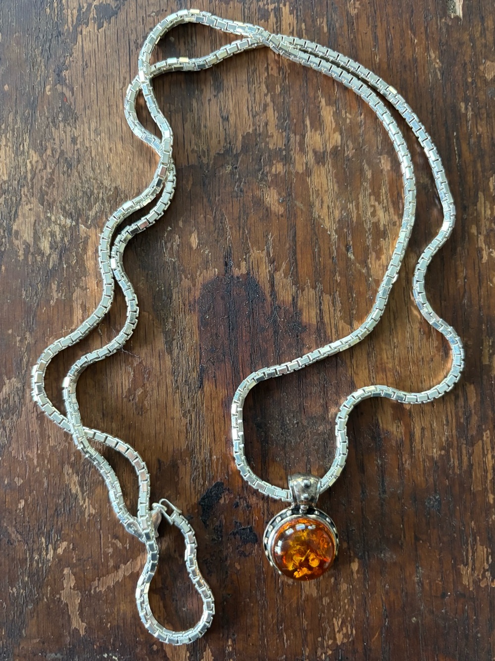 Vintage Thai Amber Pendant Necklace 925 Sterling Silver SU Thailand